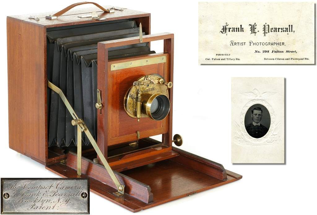 1883 Pearsall Compact Camera, 1870s business card and early portrait of Frank.